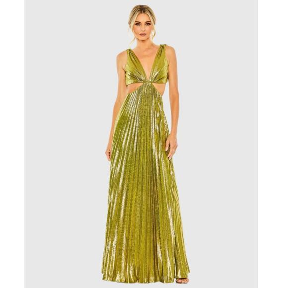 Mac Duggal Pleated Metallic Cutout Gown Maxi Dress Chartreuse Green Size M UB - Picture 8 of 10